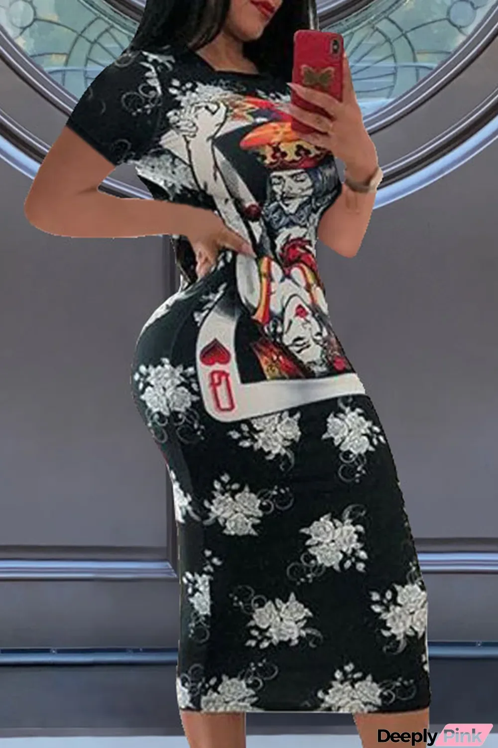 Black And White Sexy Print Split Joint O Neck Pencil Skirt Dresses