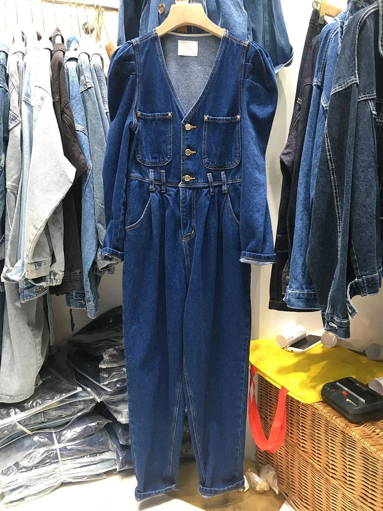 Women's Denim Jumpsuit Elegant V-Neck Puff Sleeve denim Jumpsuit One Piece