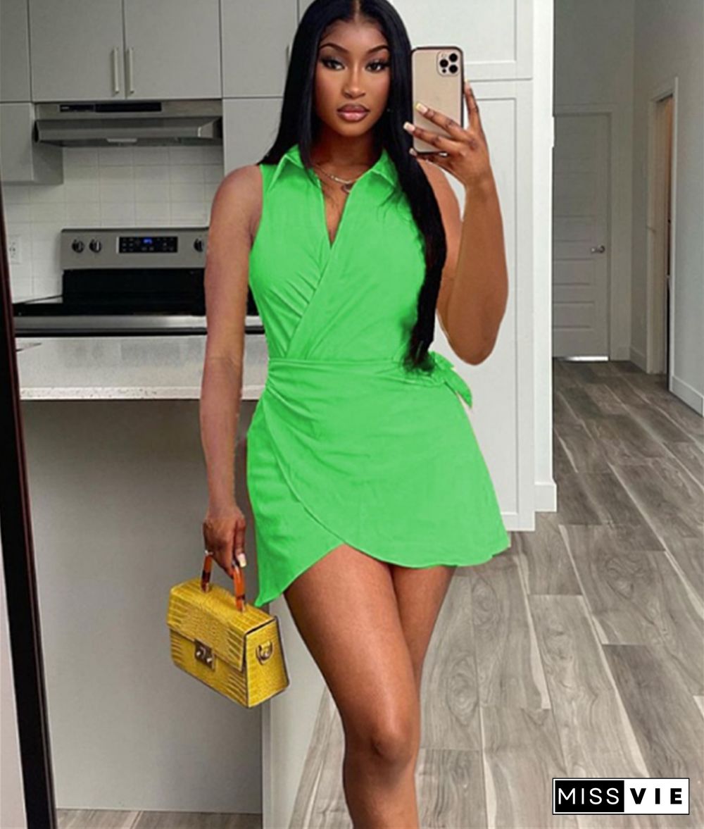 Turn Down Collar Sleeveless Lace Up Elegant Dress