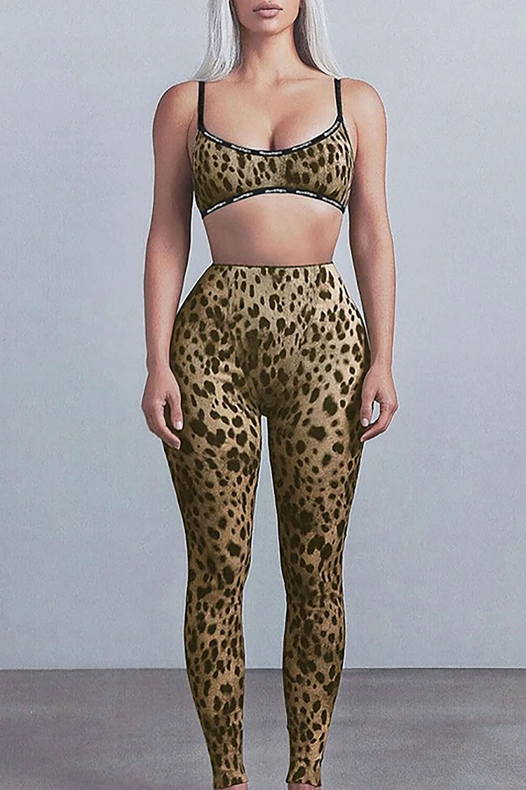 Leopard Print Crop Cami High Waist Skinny Pants Matching Set-Brown