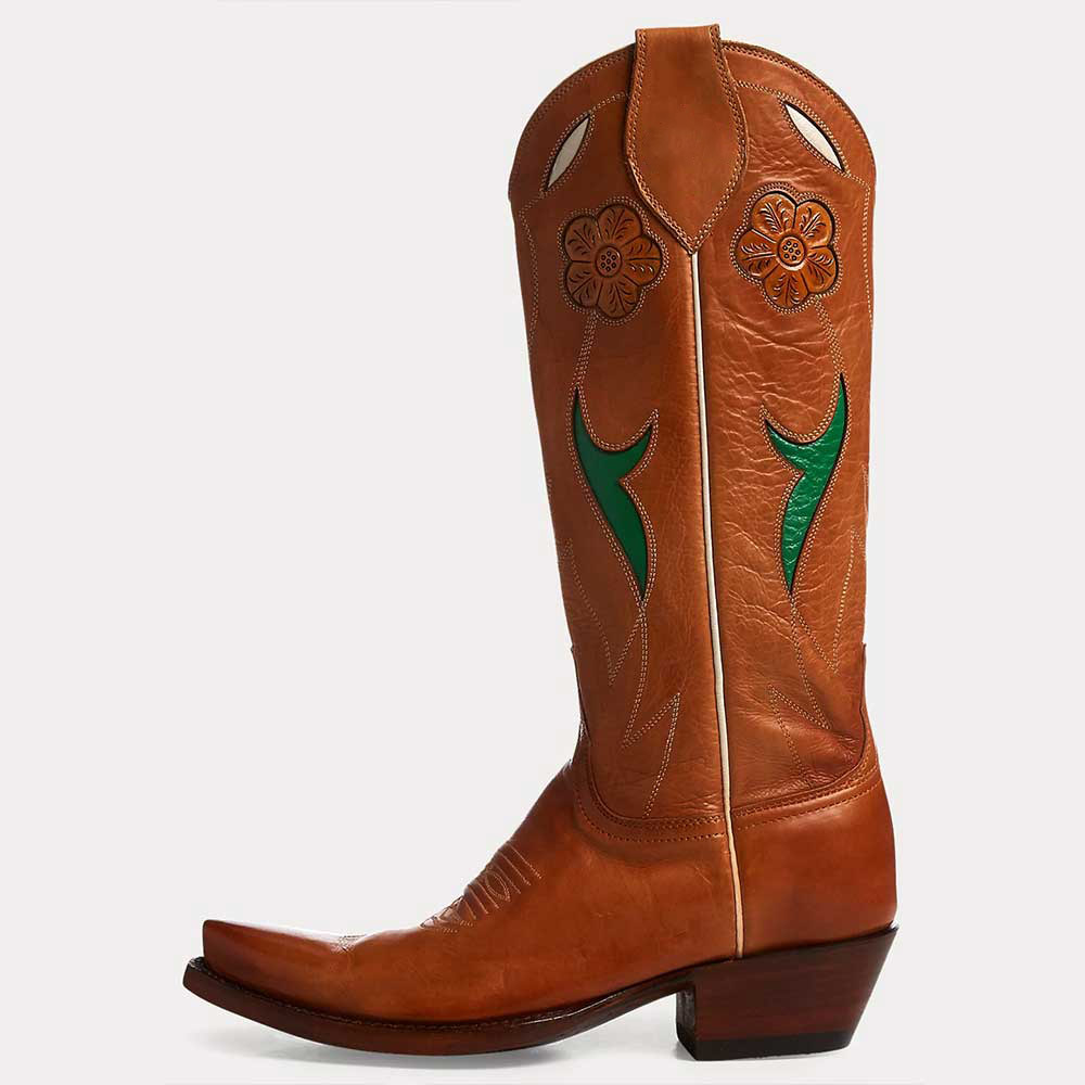 Tan Pointed Toe Flower Chunky Heel Mid Calf Cowboy Boots for Women Nicepairs