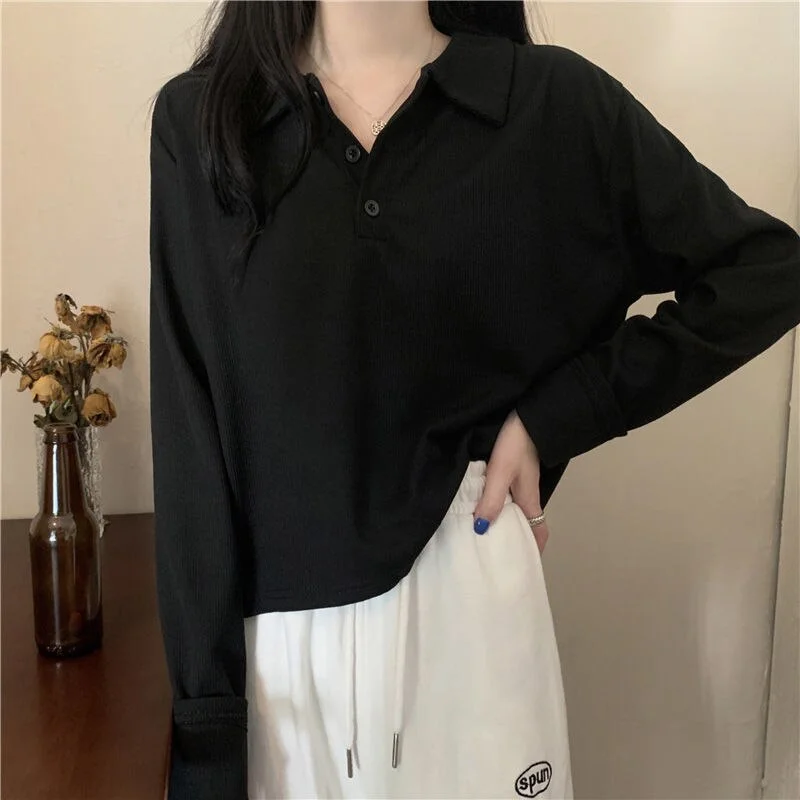 Tanguoant Sleeve T-shirts All-match Inside Solid Buttons Turn-down Collar Mujer Tops Fashion Tees College Spring Autumn Temperament