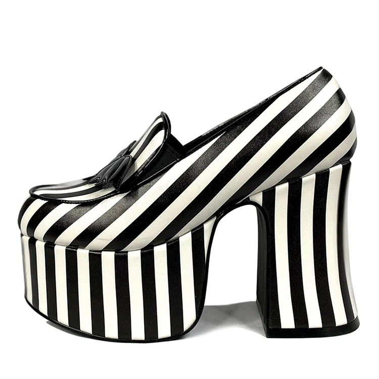 Black & White Stripes Chunky Heel Platform Loafers with Bat Decor |FSJ Shoes