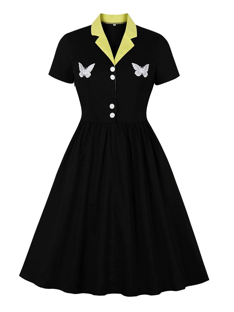 Mayoulove Women's 1950s Vintage Dress Contrast Embroidery Big Swing Retro Dresses-Mayoulove