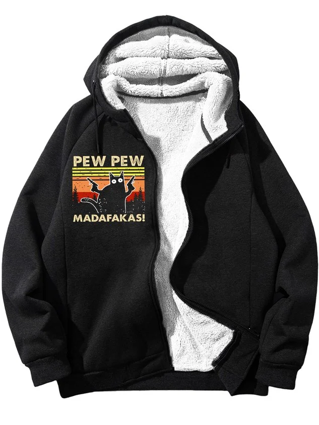Men's Men's Pew Pew Madafakas Cat Funny Vintage Graphic Print Hoodie Zip Up Sweatshirt Warm Jacket With Fifties Fleece socialshop
