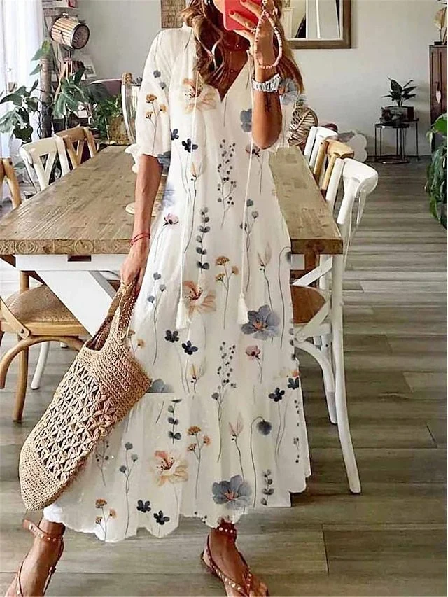 Loose V-neck Floral Print Mid-Length Boho Tunic Dress VangoghDress