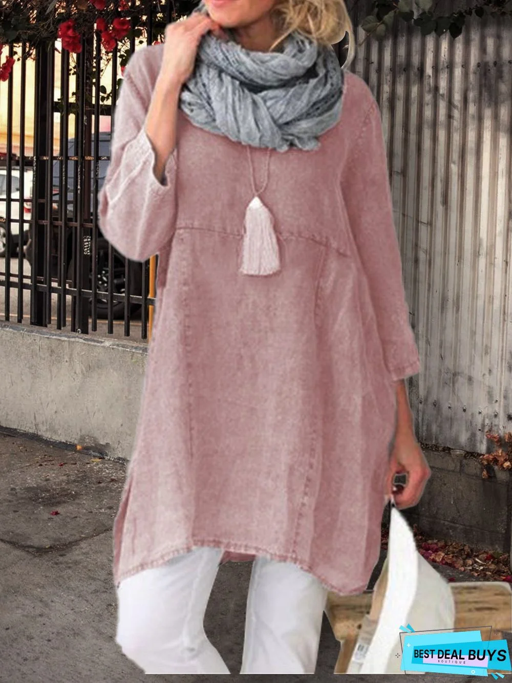 zolucky Plus Size Casual Plain Long Sleeve Linen Dress