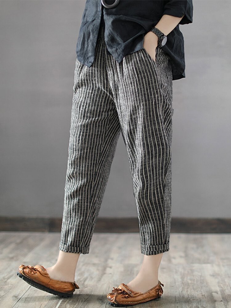 Vintage Striped Pockets Cotton Harem Pants - Shop Trendy Women's Clothing | LoverChic