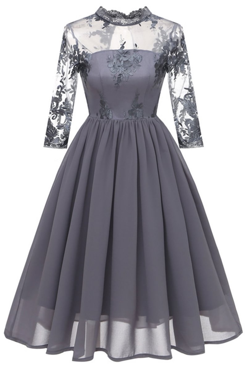 1950s Grey Retro Lace Embroidery A-Line Formal Midi Dress