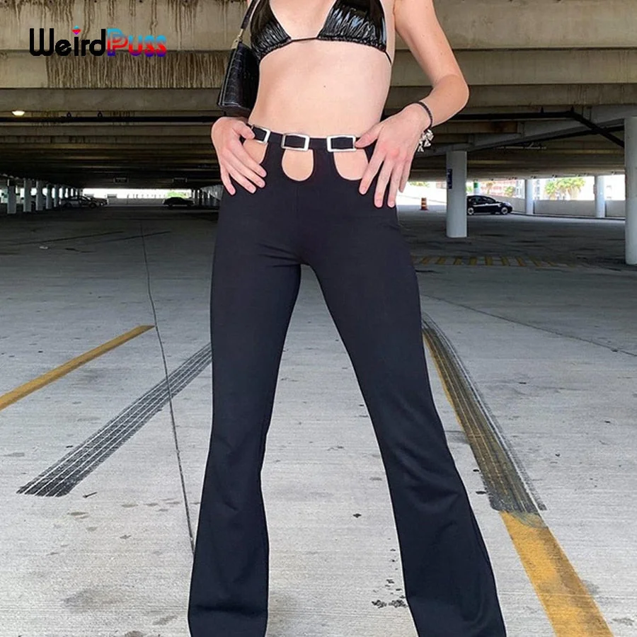Weird Puss Y2K Chic Button Mid Waist Pants Women Summer Hollow Out Streetwear Flare Pants 2021 Fashion Casual Skinny Trousers