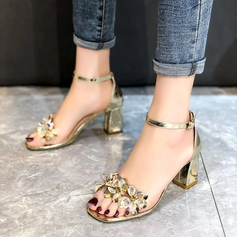 Crystal Sandals with Low Heels Women Sandals 2021 Summer Shoes Women Open Toe Crystal Chunky Sandals Heels Women Gold Sliver