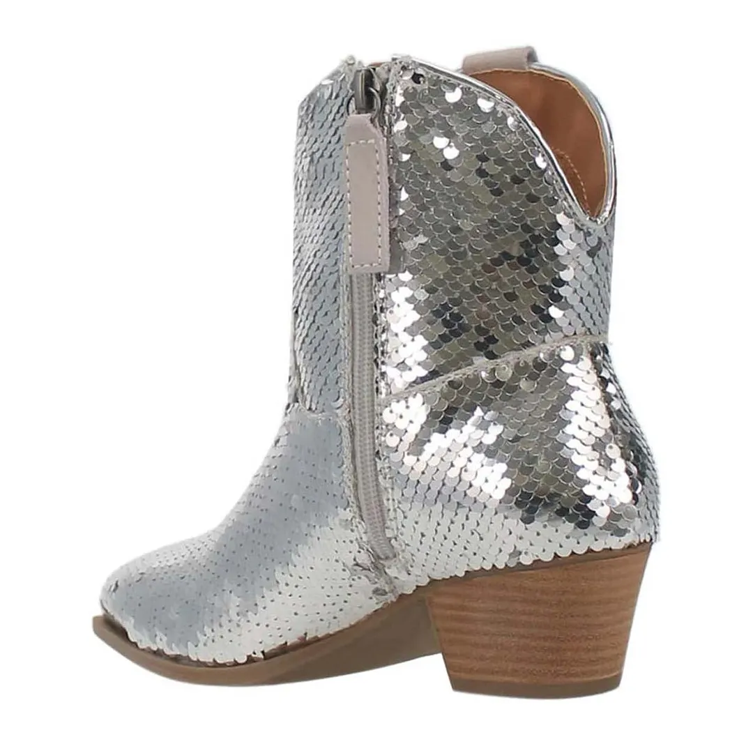 Chic Sequin Pointed Toe Chunky Heel Zipper Cowgirl Boots in Silver