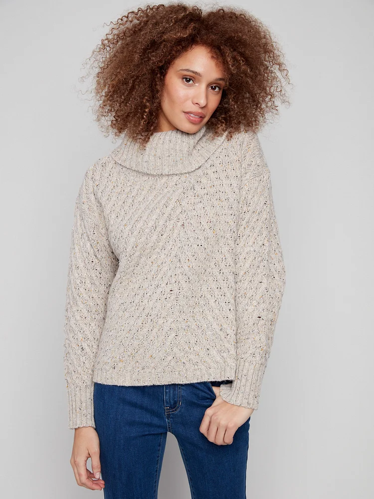Cowl Neck Diagonal Cable Sweater - Heather Oat