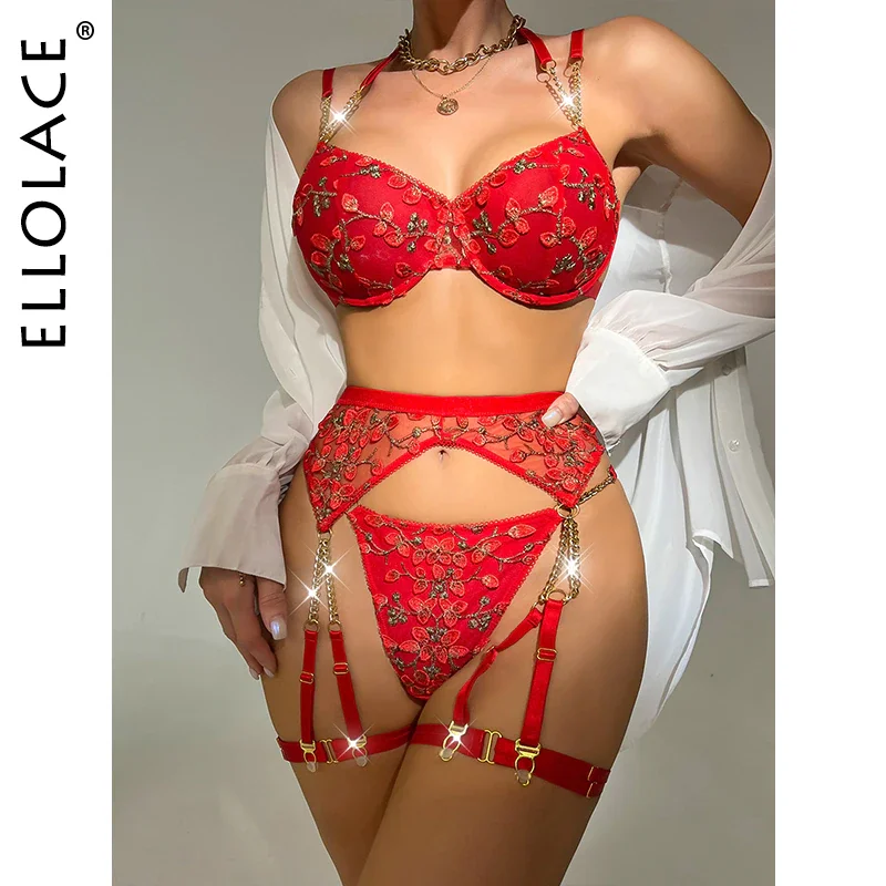 Billionm Ellolace Delicate Lingerie Floral Fairy Fancy Beautiful Underwear 4-Piece Lace Exotic Sets Chain Garters Seamless Sensual Outfit