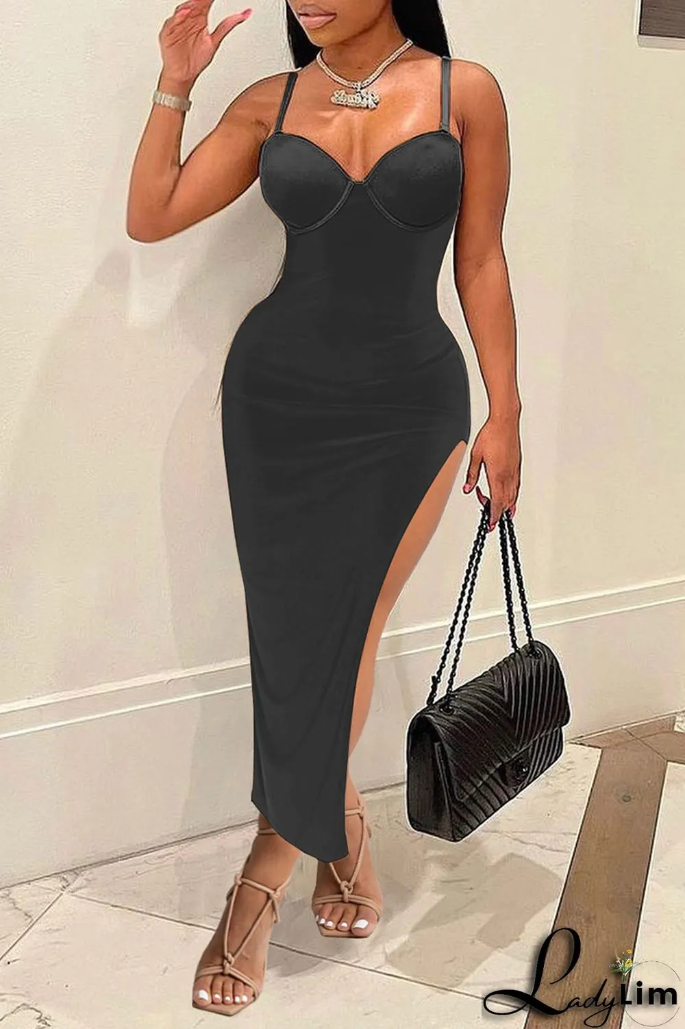 Black Sexy Solid Split Joint Slit Spaghetti Strap Sling Dress Dresses