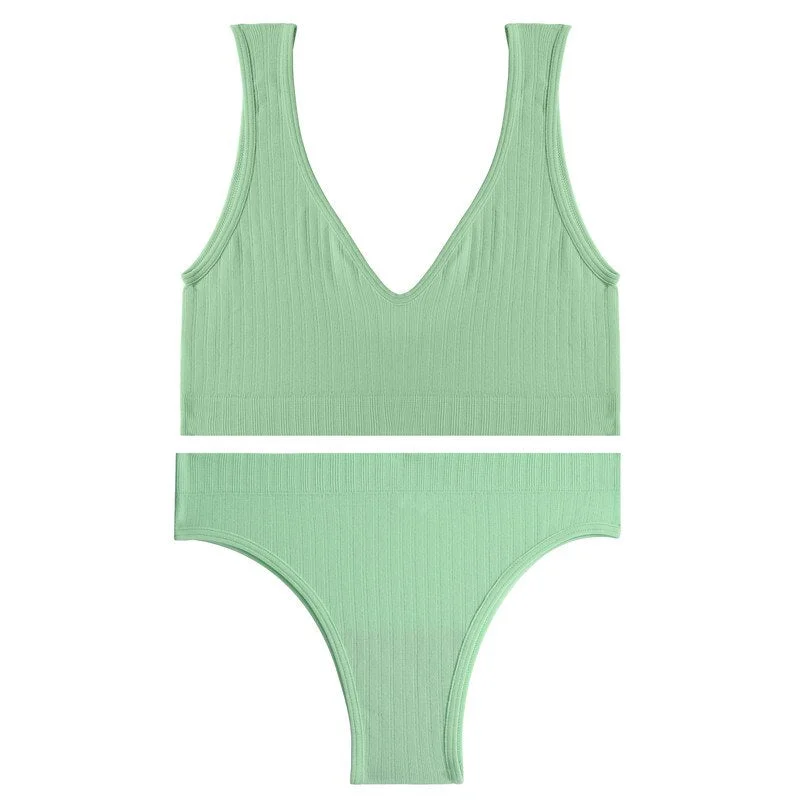 FINETOO Padded Bra Set Women Backless Tops Seamless Panties Female Deep V Bralette M-XL Wireless Bras Suit Ladies Lingerie 2021