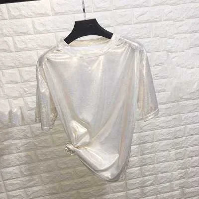 summer stylish bright silk woman tops shiny loose short sleeve t-shirt sexy club aesthetic harajuku women tshirt