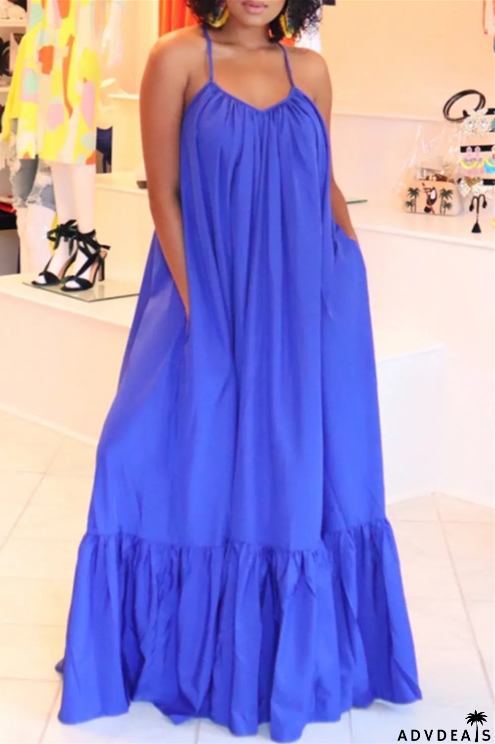 Dark Gray Sexy Casual Solid Backless Spaghetti Strap Loose Sling Dress