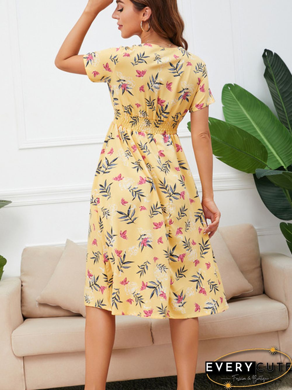 Disty Floral Ruffle Hem Elastic Waist Summer Dress