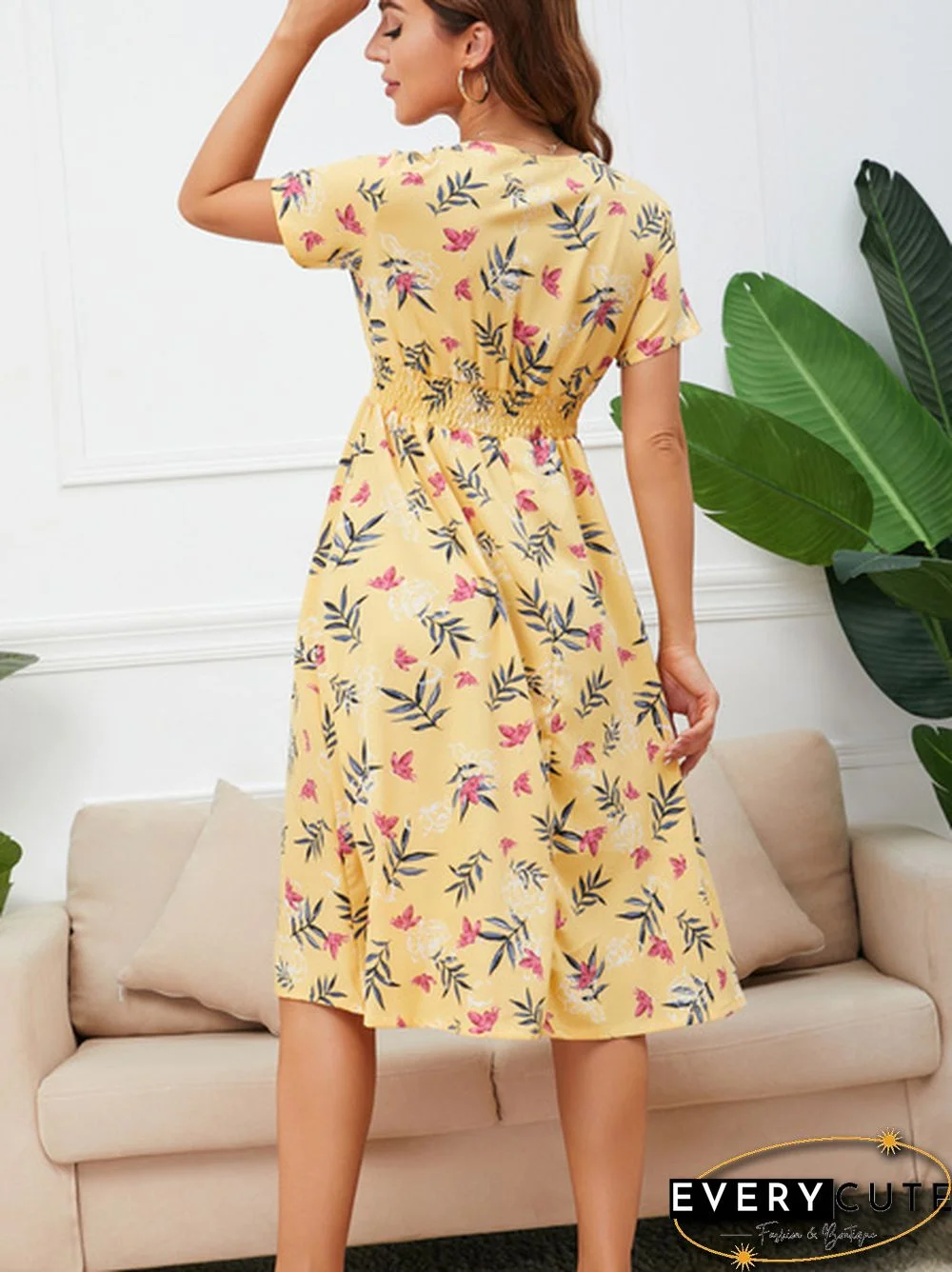 Disty Floral Ruffle Hem Elastic Waist Summer Dress