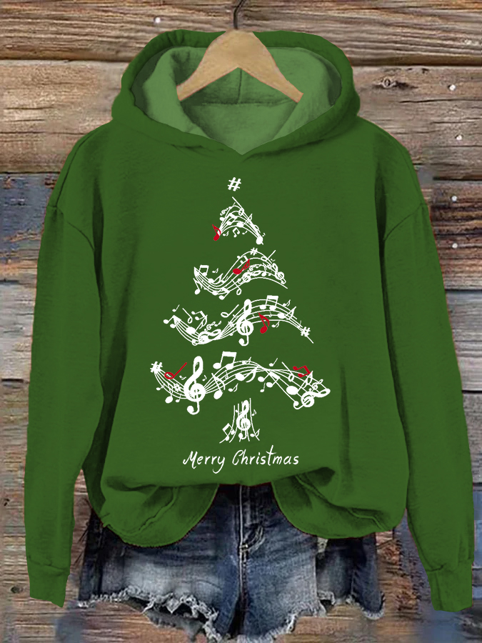 Merry Christmas Notes Christmas Tree Print Casual Cozy Hoodie wearshes