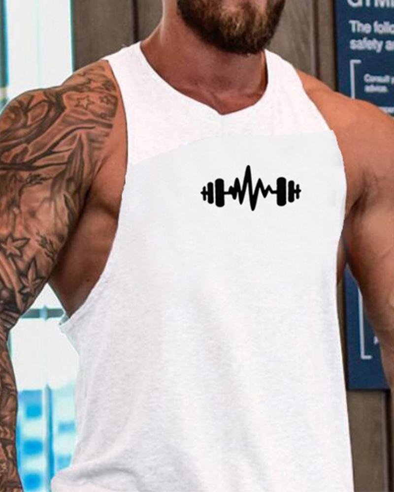 Men's O-neck Fashion Sports Fitness Dumbbell Printed Vest
