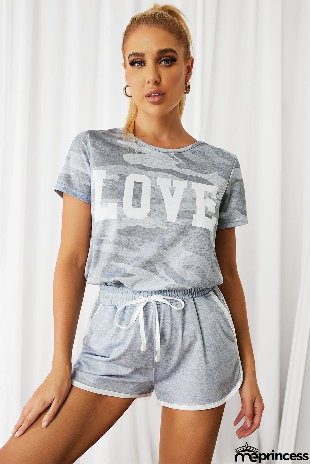 Camo Letter Print T Shirt And Shorts Set