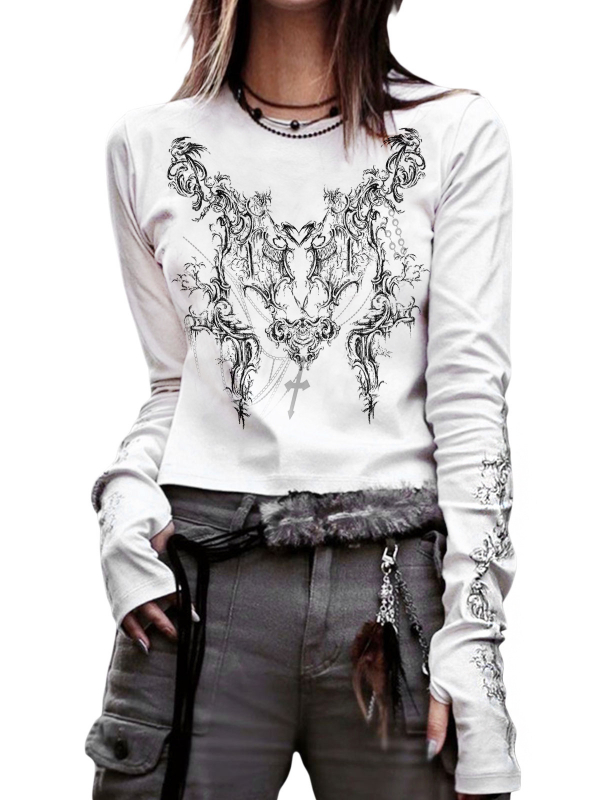 Gothic Dark Street Long Sleeve Abstract Pattern Painted Crew Neck T-shirt