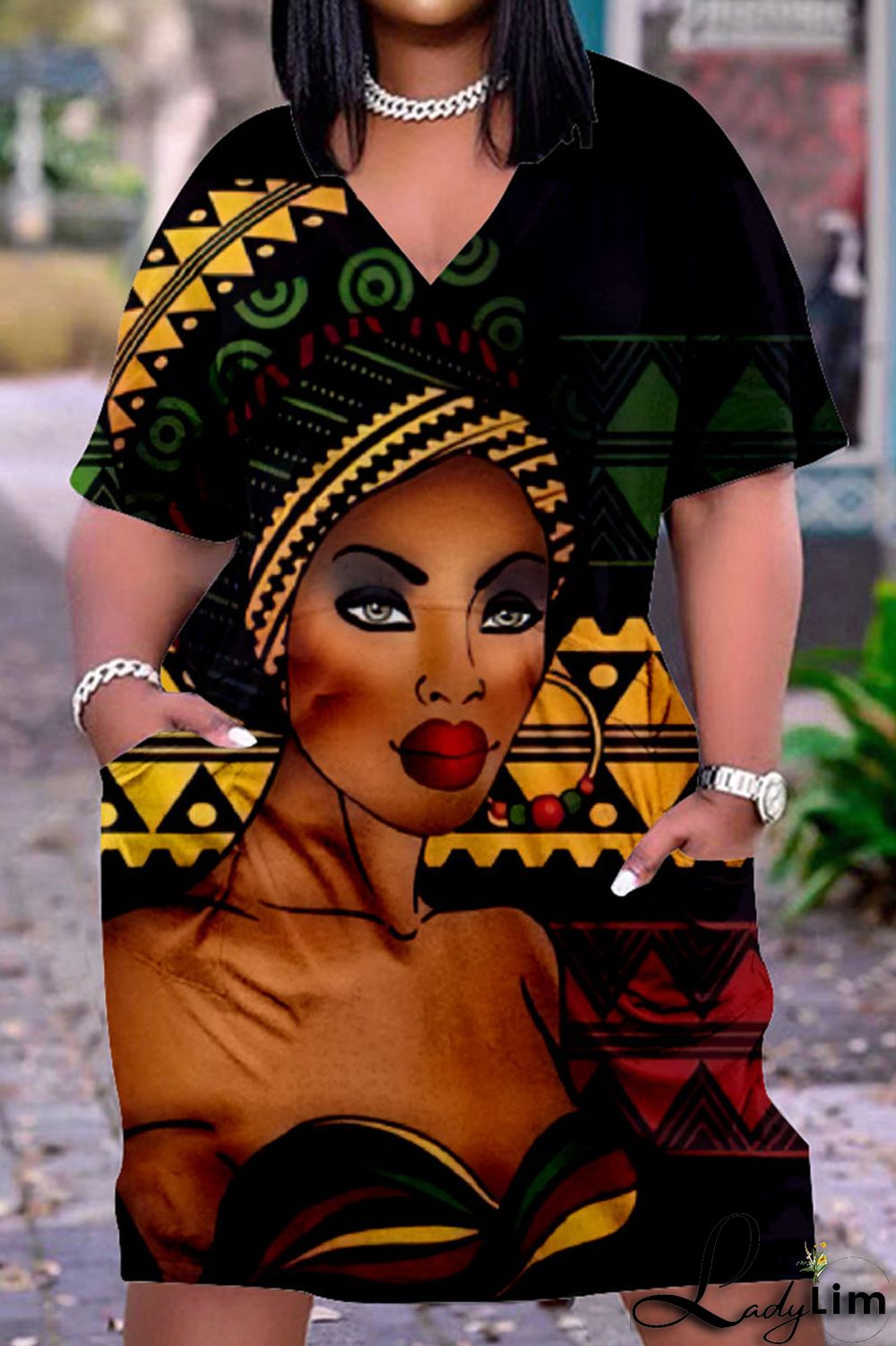 Beige Casual Street Print Patchwork V Neck Straight Dresses