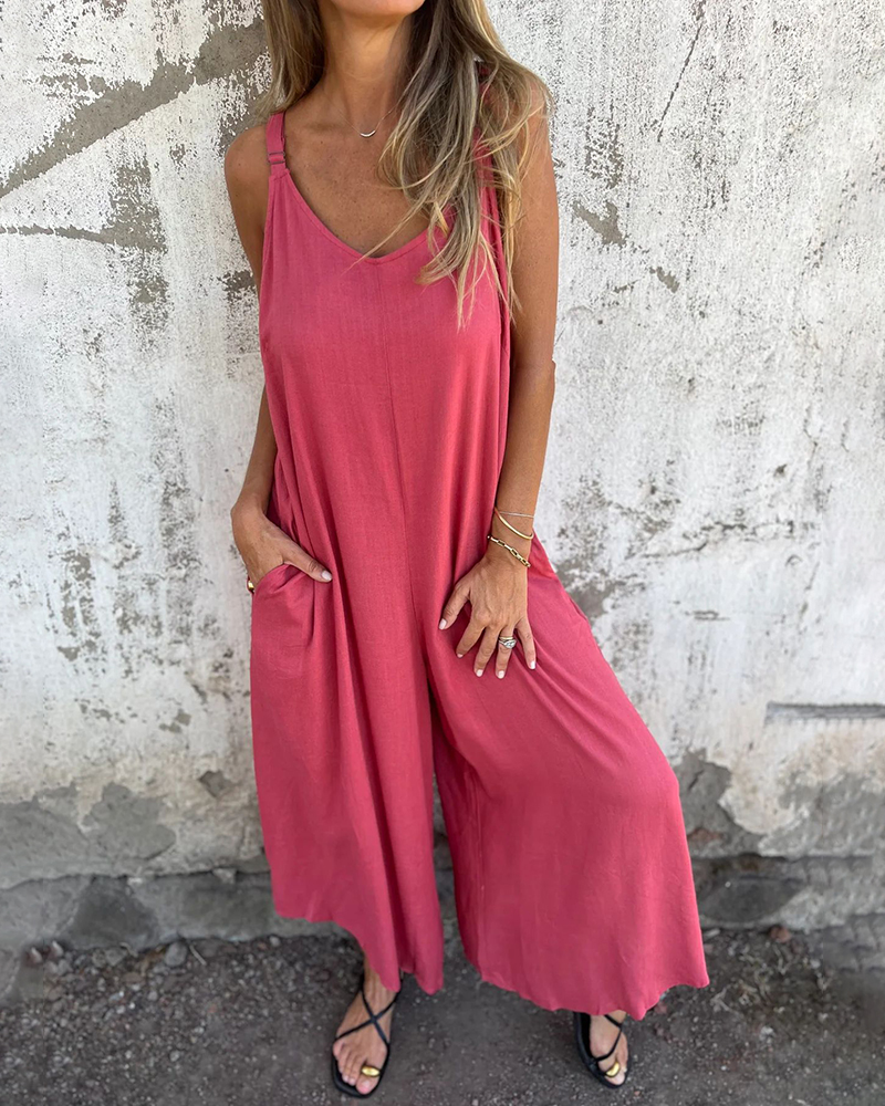 Shoulder Strap V Neck Front Pockets Solid Color Jumpsuit
