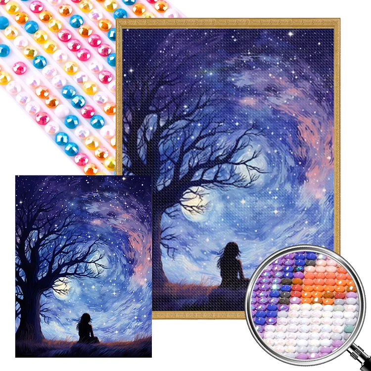 Partial AB Drill - Full Round Diamond Painting - Girl'S Back Under The Starry Sky 30*40CM
