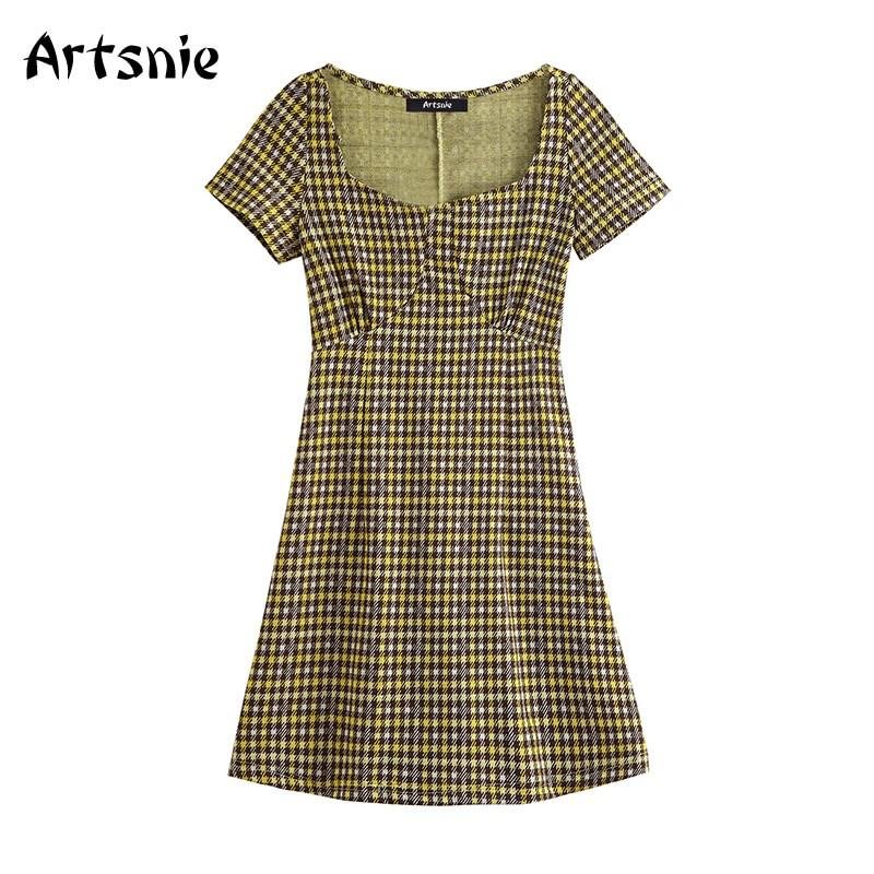 Artsnie vintage plaid short A line dress women summer 2020 high waist square collar casual mini dresses vestidos robe femme