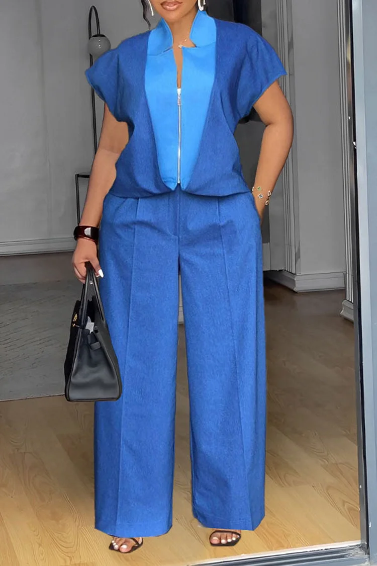 Plus Size Business Casual Blue Casual Short Sleeve Contrast Zipper Tencel Denim Two Piece Pant Sets [Pre-Order]