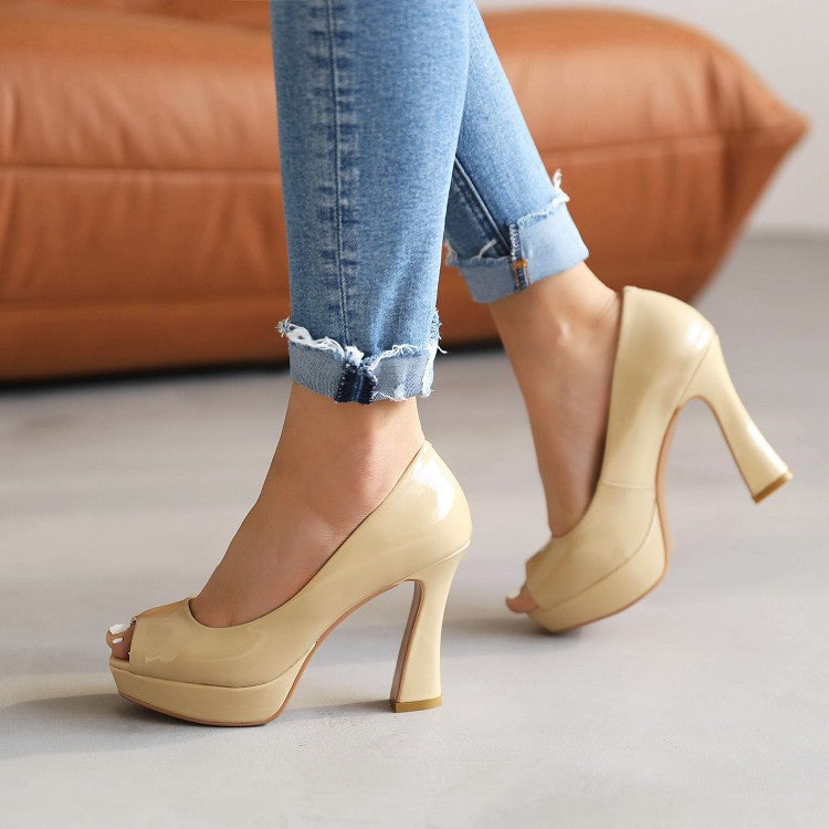 Women's peep toe PU patent leather platform chunky high heels party dressy heels