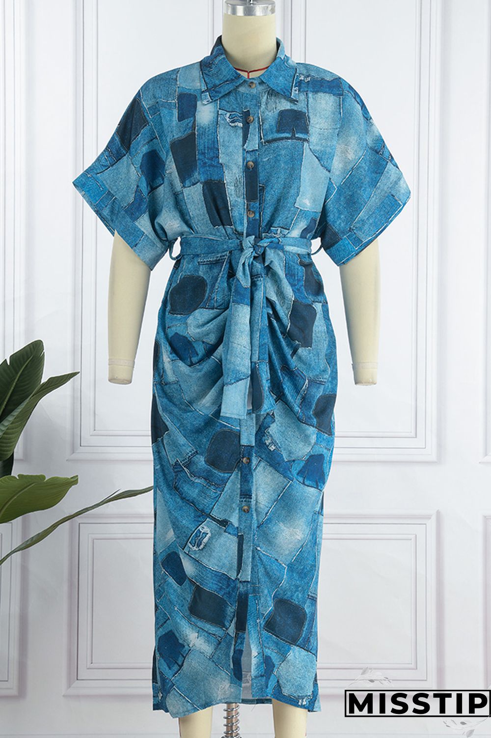 Blue Fashion Casual Print Patchwork Turndown Collar Shirt Dress