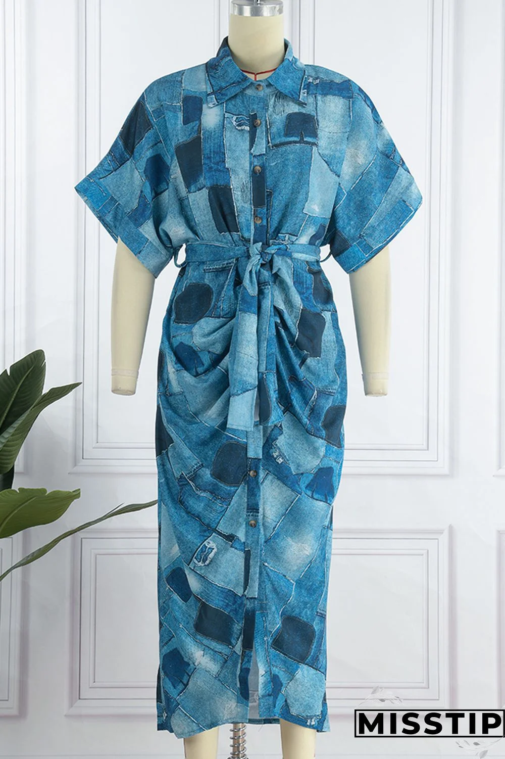 Blue Fashion Casual Print Patchwork Turndown Collar Shirt Dress