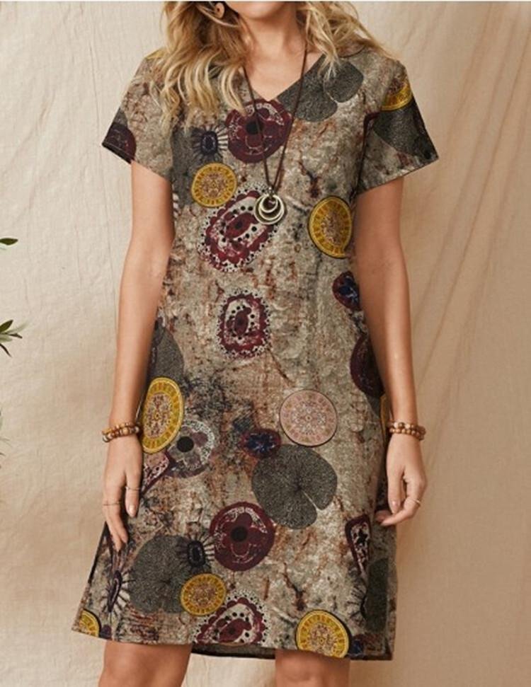 Women's V-neck Short Sleeve Printed Maxi Dress