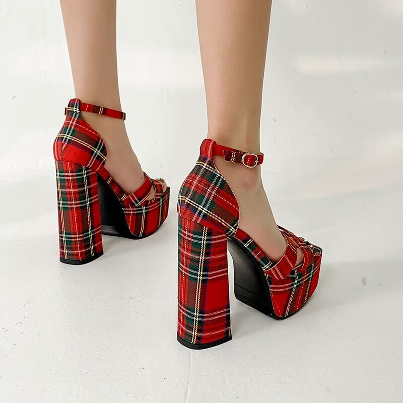 Zingj INS Gingham Women Sandals Fashion Platform Square High Heels Sandals Luxury Brand Punk Female Shoes Size 34-43