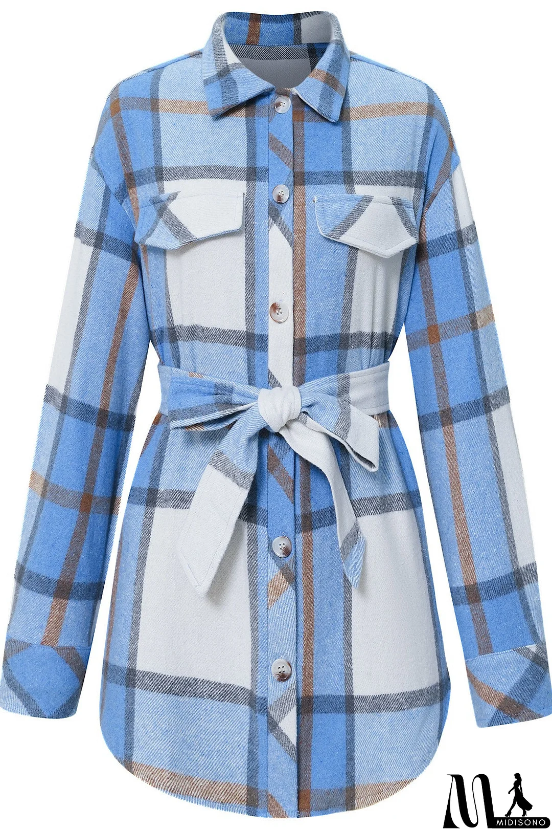 MidiSono - Casual White & Blue Plaid Shirt