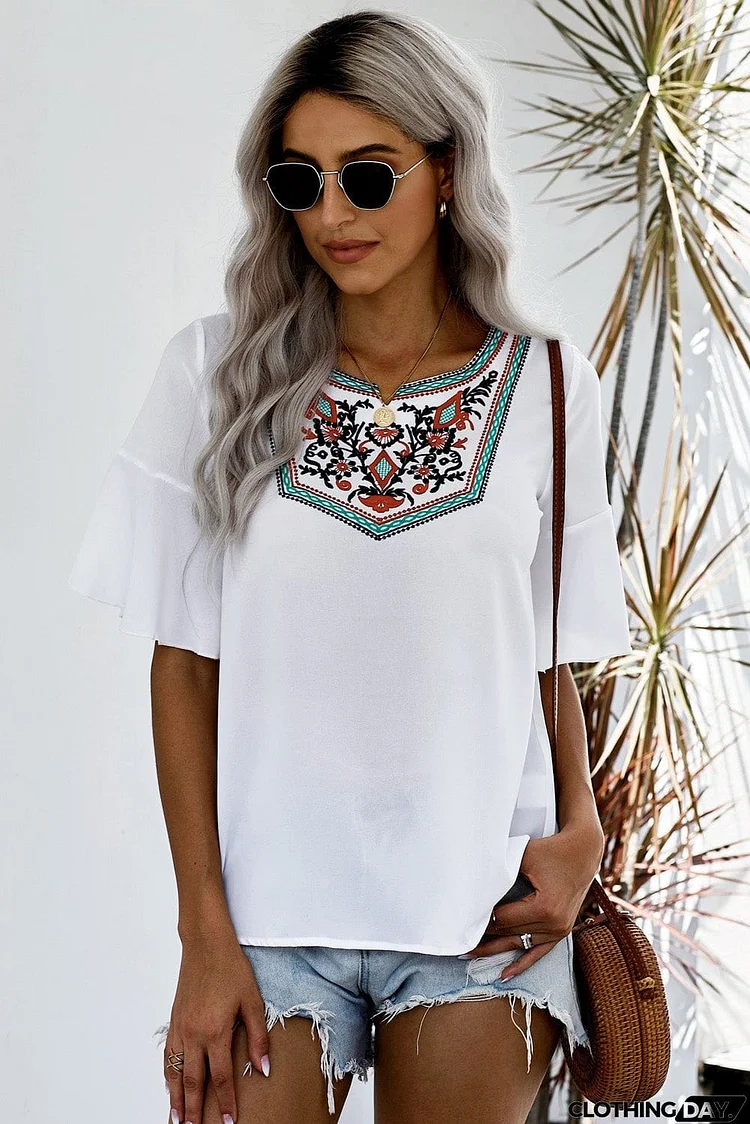 Retro Embroidered Print White Ruffle Short Sleeve Top