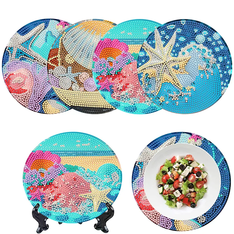 4 Pcs Seashell Rose House Diamond Art Place Mat with Holder for Dining Tables