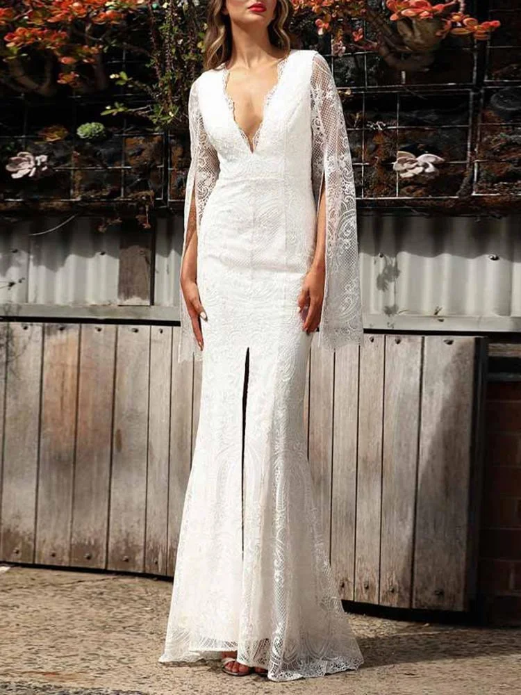 Promsstyle Promsstyle Long sleeve deep v neck lace maxi evening dress Prom Dress 2023