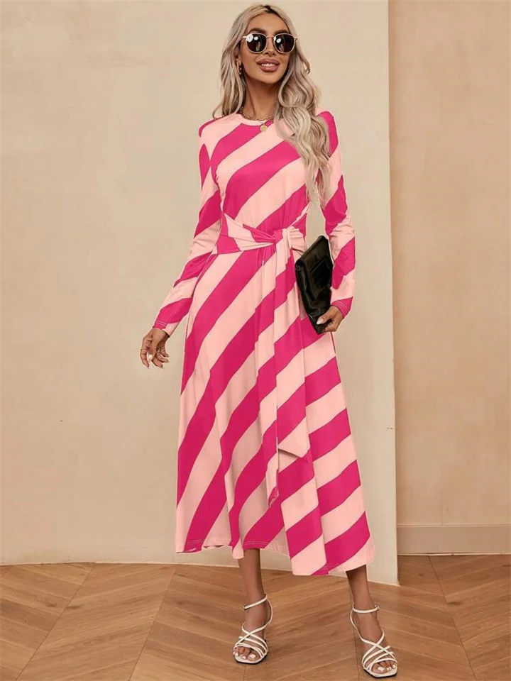 Elegant Temperament Advanced Sense of Striped Printed Mid-waist Long-sleeved Dress Women Round Neck Pullover Long Dresses-Cosfine