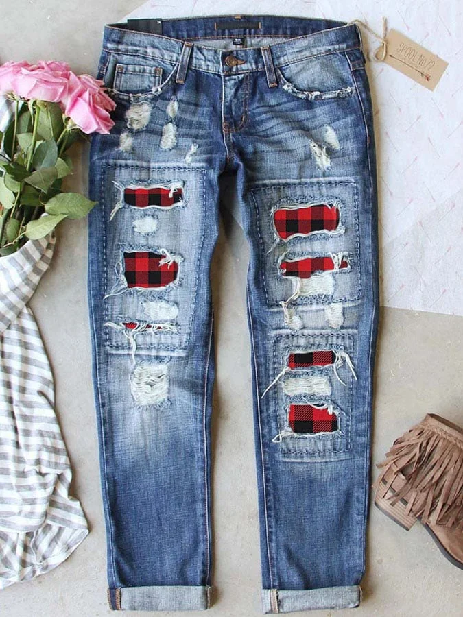 Casual Ripped Straight Ladies Jeans