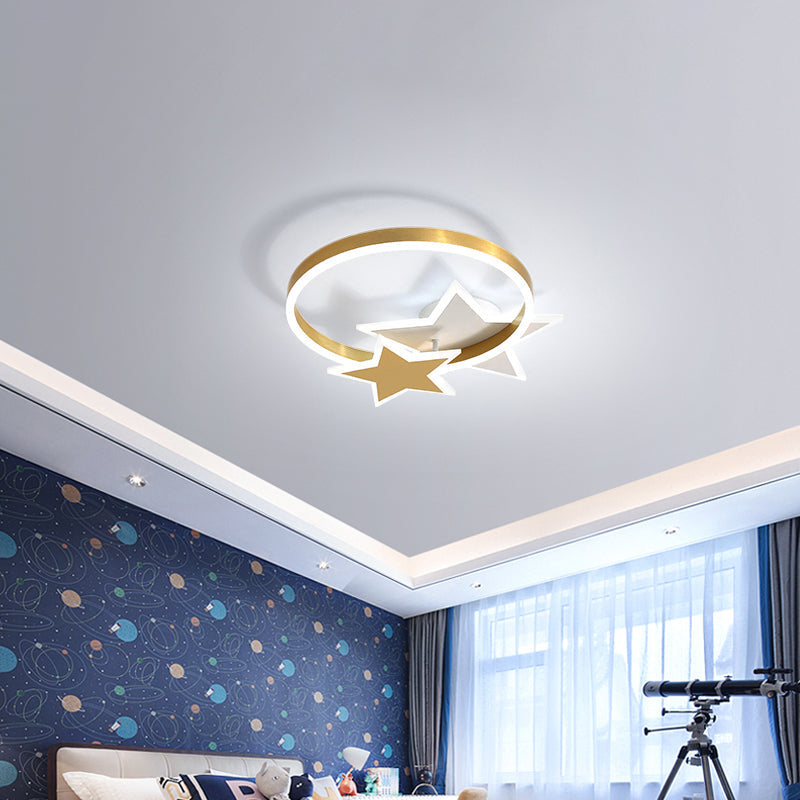 Gold Star And Circle Led Ceiling Flush Mount Light For Kids Room &ndash; Childrens Metal Fixture /