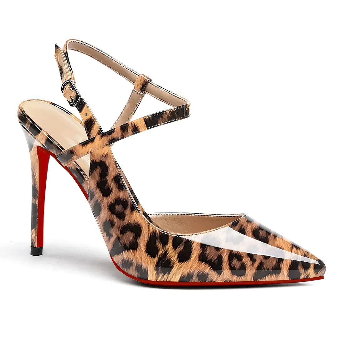 100mm Women Slingback Patent Pumps Ankle Strap Jenlove Stiletto Mid Heel Close Pointed Toe Dress Red Bottoms Shoes