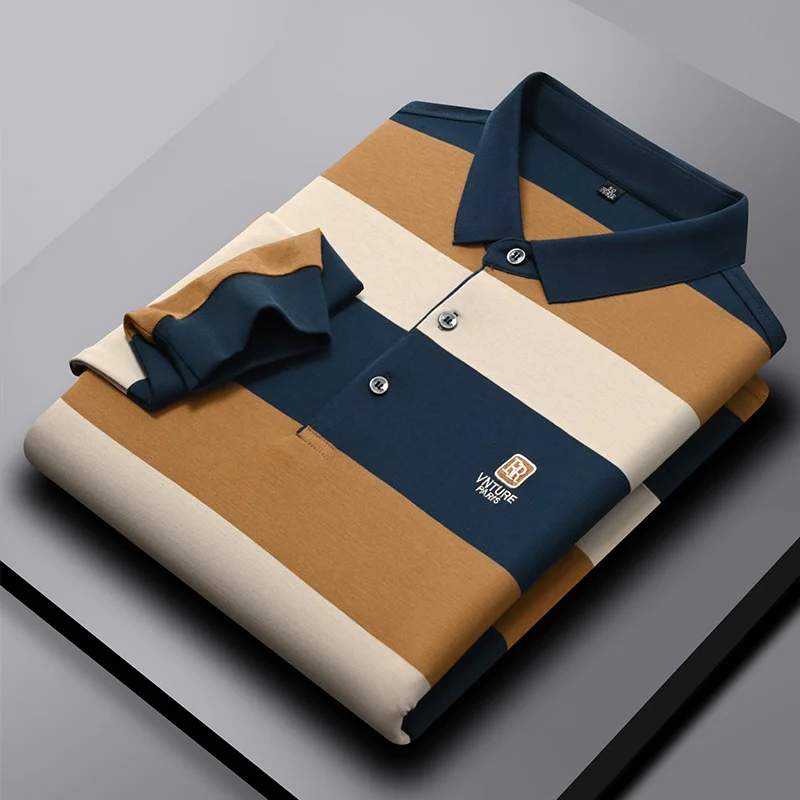 Multi-Colored Spring And Autumn Lapel Striped Long-Sleeved POLO Shirt
