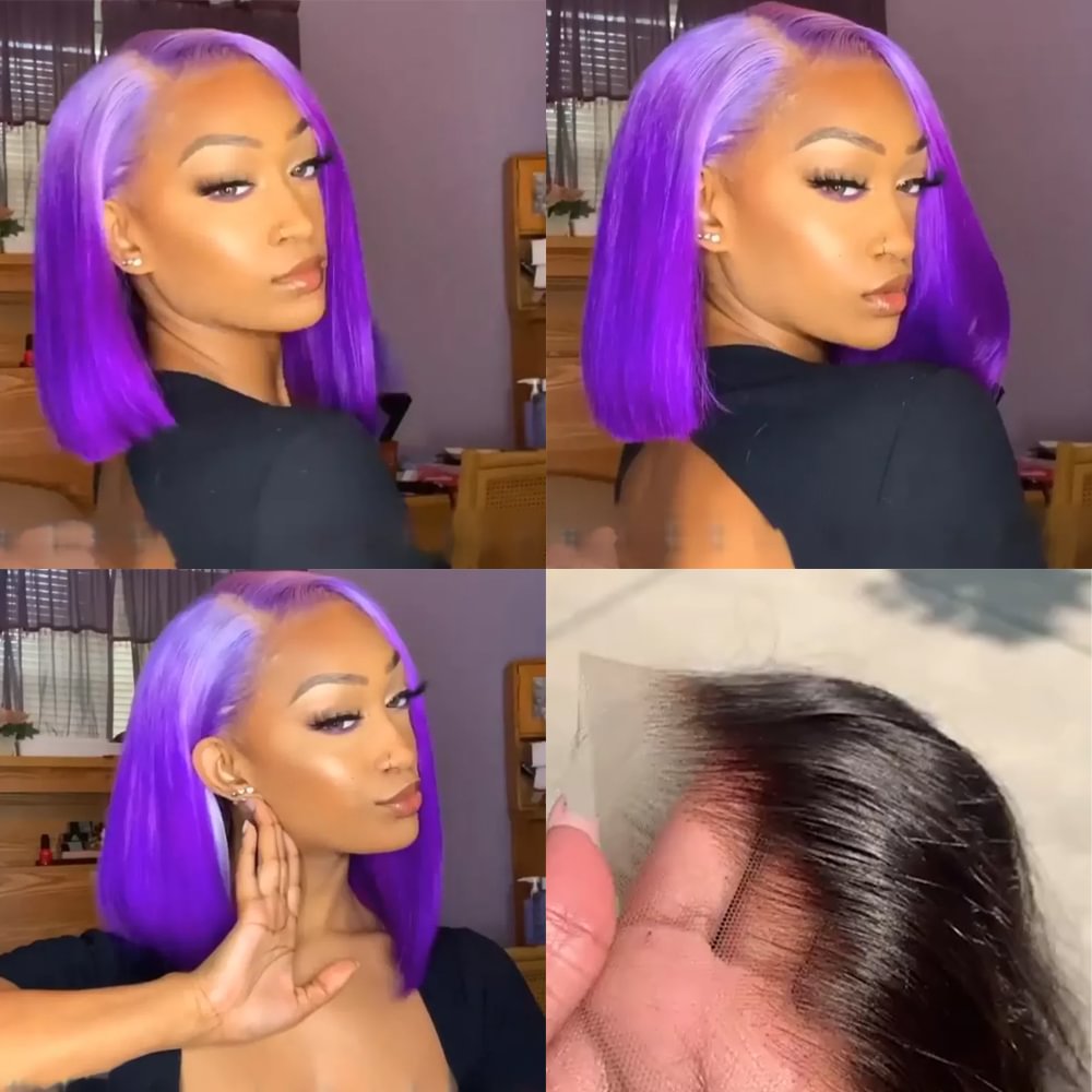 Glueless Wig With Elastic Belt|🔥Hair Tilted Shearing Straight Bob Asymmetrical Purple Full Lace Wigs For Women US Mall Lifes
