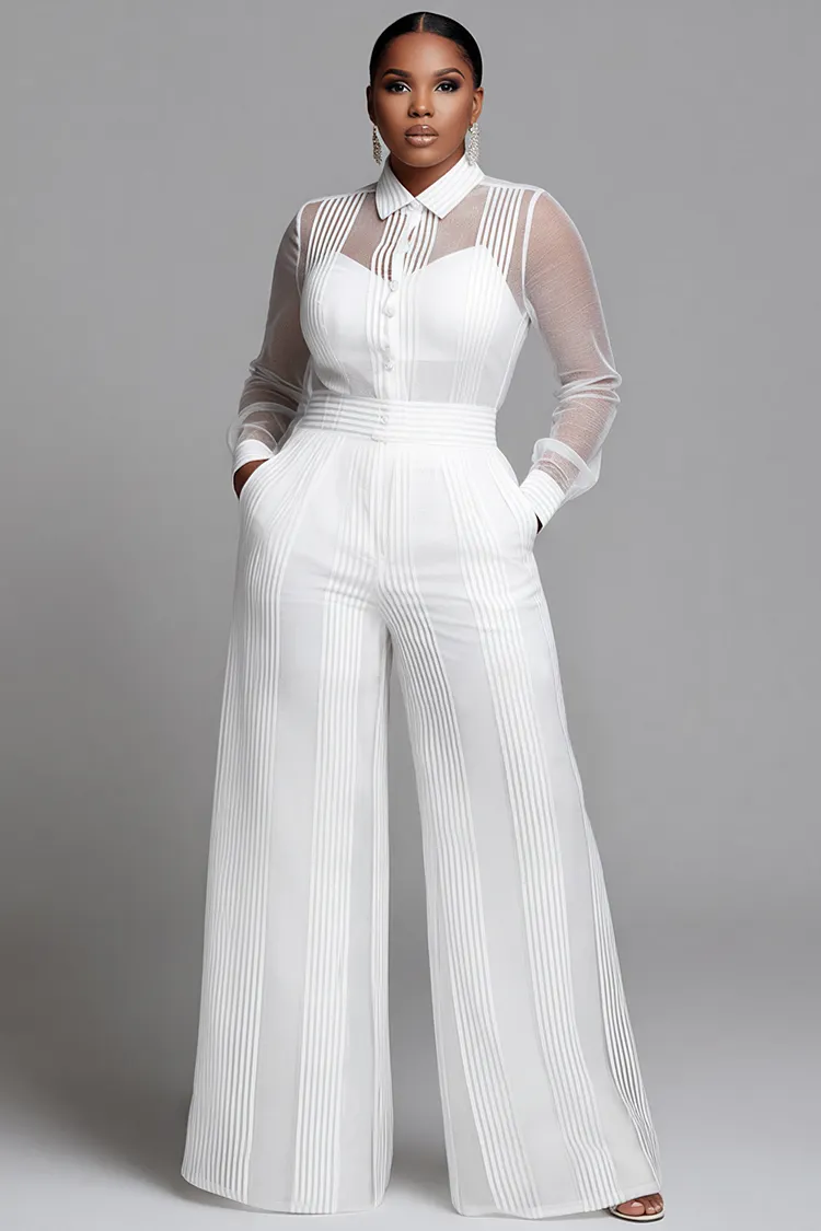 Xpluswear Design Plus Size Business Casual White Striped Shirt Collar Long Sleeve See Through Wide Leg Two Piece Pant Sets [Pre-Order] 2024 - Xpluswear