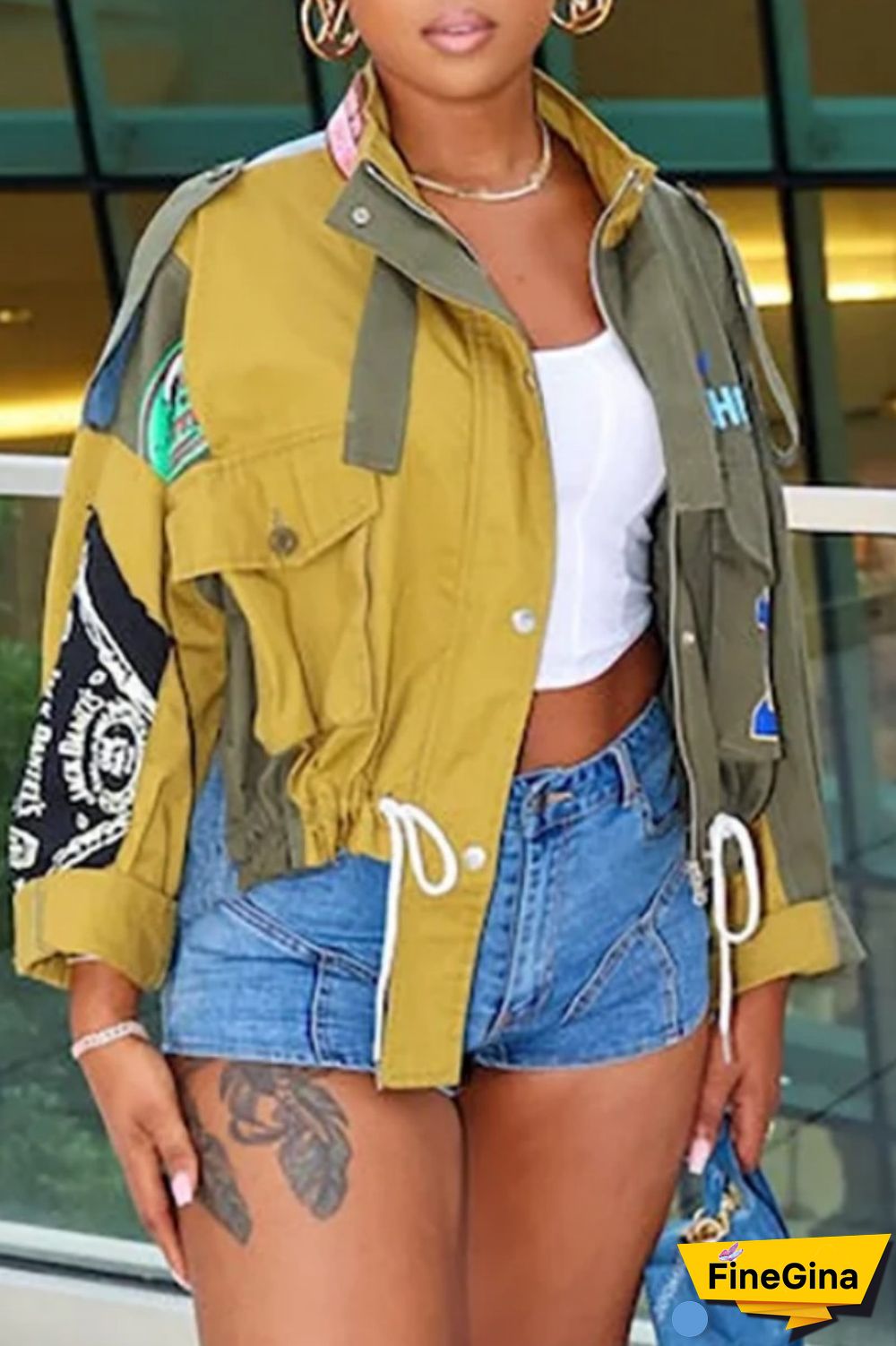 Army Green Casual Print Patchwork Cardigan Mandarin Collar Outerwear